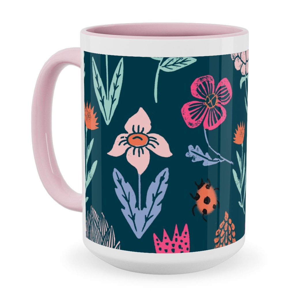 Spring Botanicals Linocut - Multi Ceramic Mug, Pink,  , 15oz, Multicolor