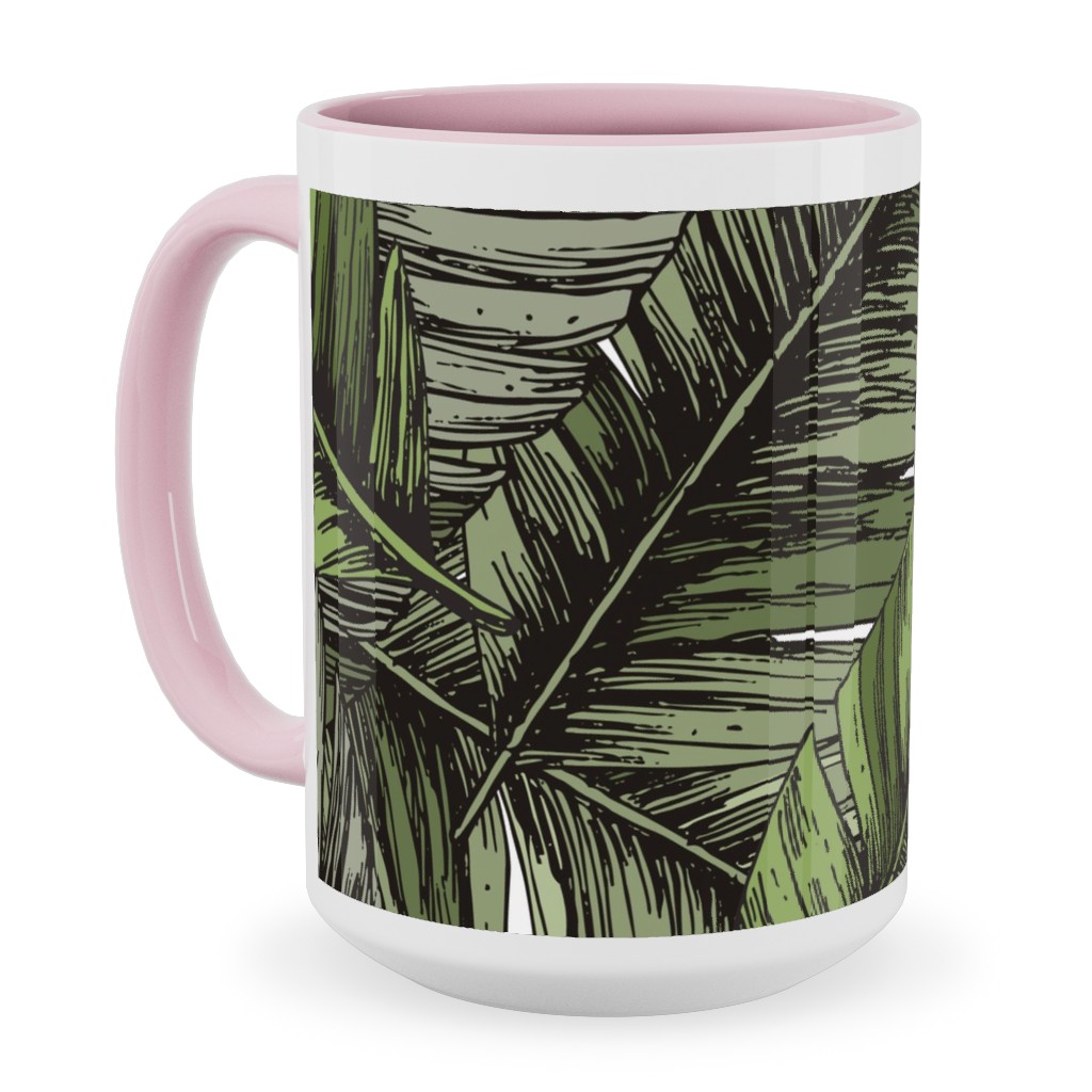 Tropical Palm Leaves - Green Ceramic Mug, Pink,  , 15oz, Green