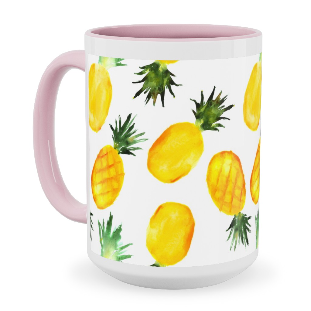 Watercolor Pineapples - Yellow Ceramic Mug, Pink, , 15oz, Yellow, Classic Yellow