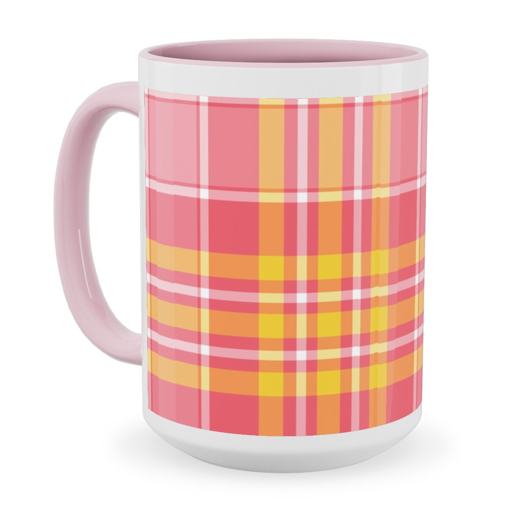 Plaid - Pink and Yellow Ceramic Mug, Pink, , 15oz, Pink, Bright Pink