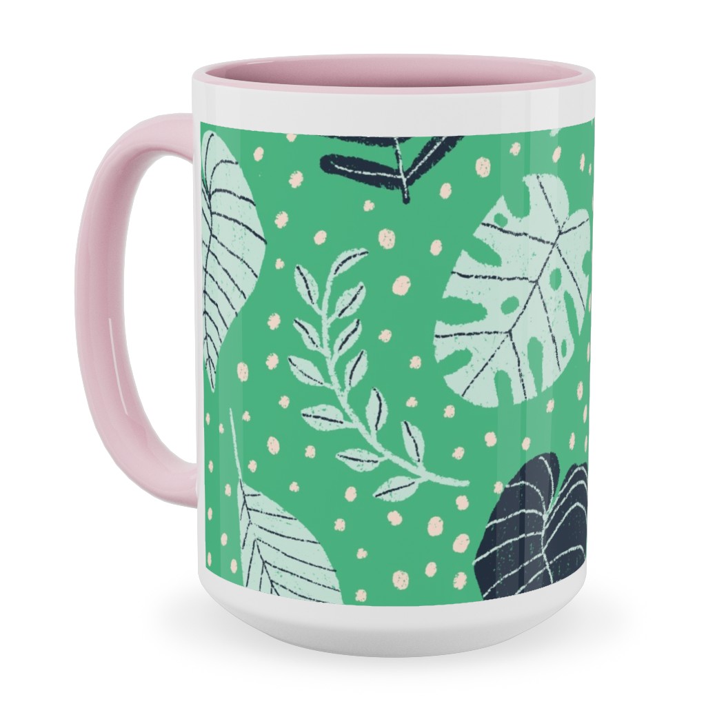 Leafy Jungle - Green Ceramic Mug, Pink,  , 15oz, Green