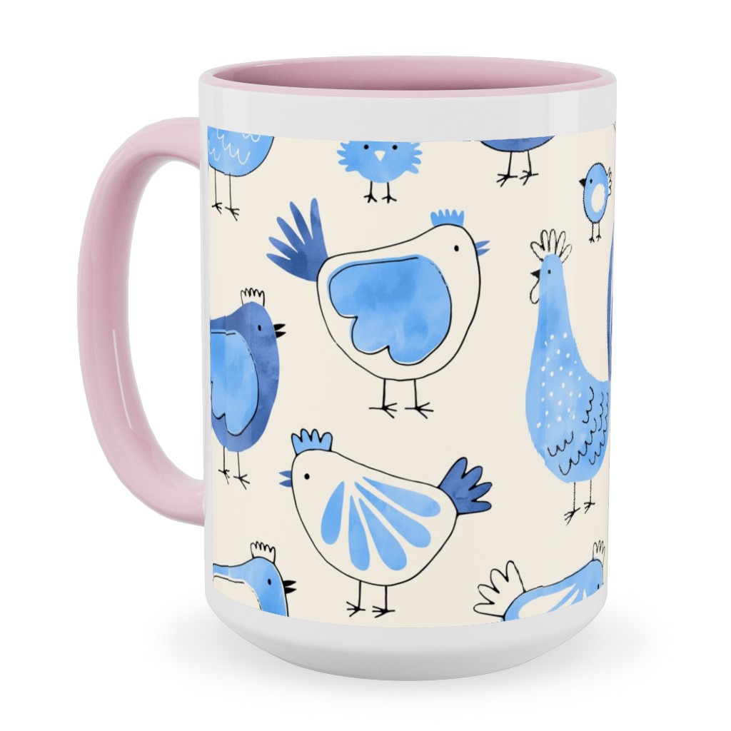 Chicken and Rooster - Watercolor - Blue on Creme Ceramic Mug, Pink, , 15oz, Blue, True Blue