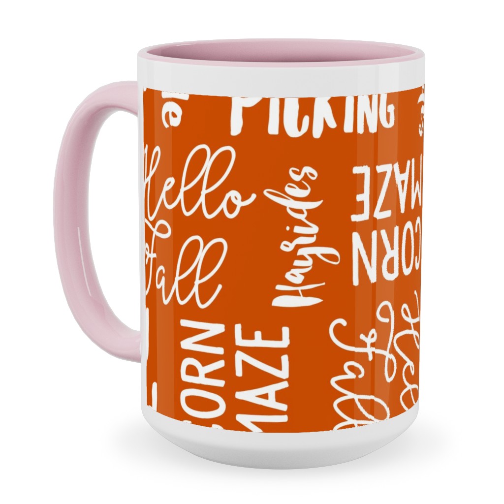 Favorite Things of Fall - Fall Words on Cider Ceramic Mug, Pink,  , 15oz, Orange