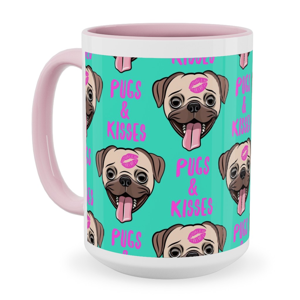 Pugs & Kisses - Cute Pug Dog - Teal Ceramic Mug, Pink,  , 15oz, Green