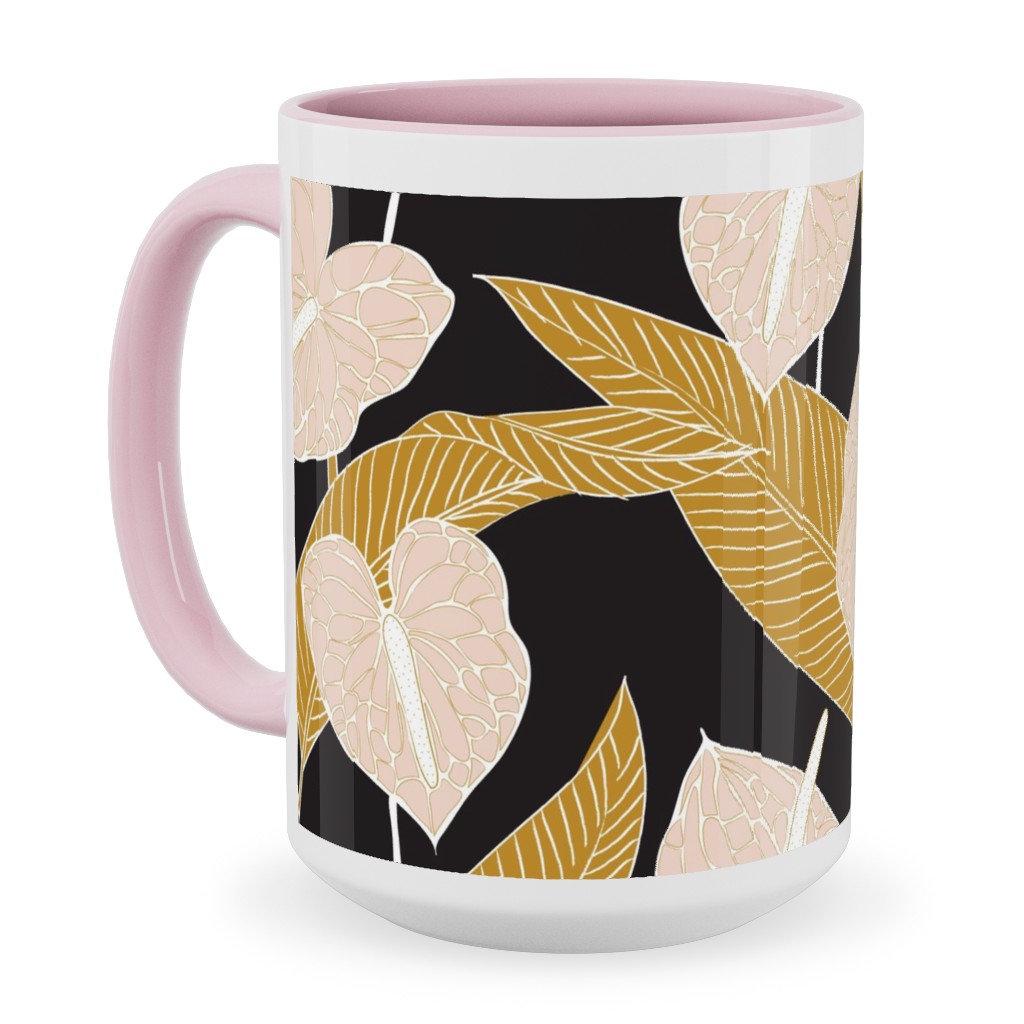 Art Nouveau Anthuriums - Black Mustard and Pale Peach Ceramic Mug, Pink, , 15oz, Multicolor