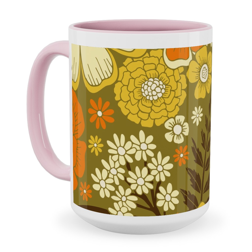 1970s Retro/Vintage Floral - Yellow and Brown Ceramic Mug, Pink,  , 15oz, Yellow