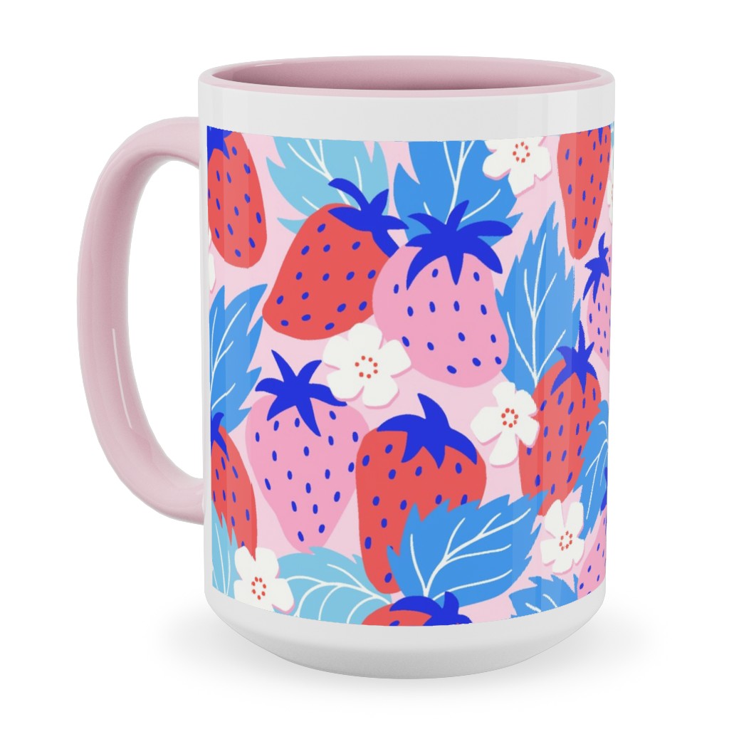 Papercut Strawberries - Blue and Pink Ceramic Mug, Pink,  , 15oz, Multicolor