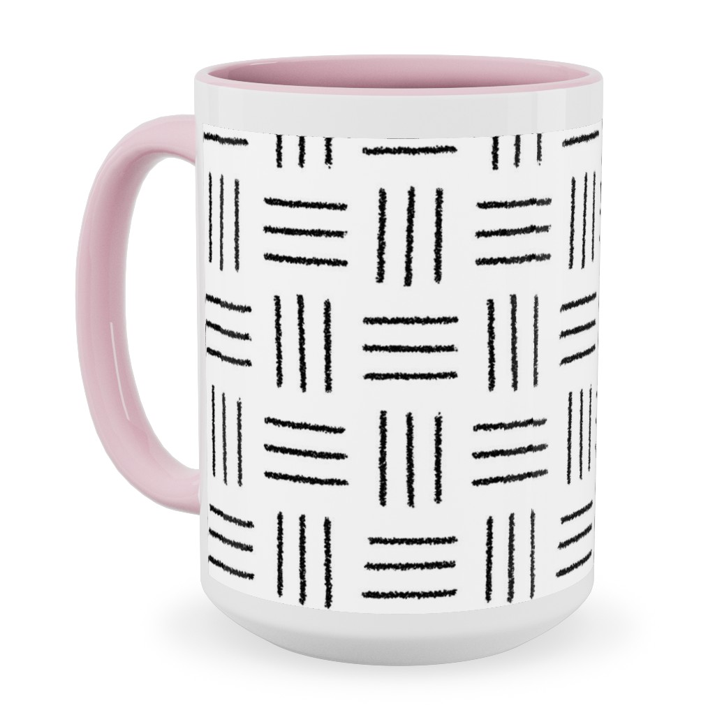 Mudcloth Basket Weave - Black on White Ceramic Mug, Pink, , 15oz, White, White
