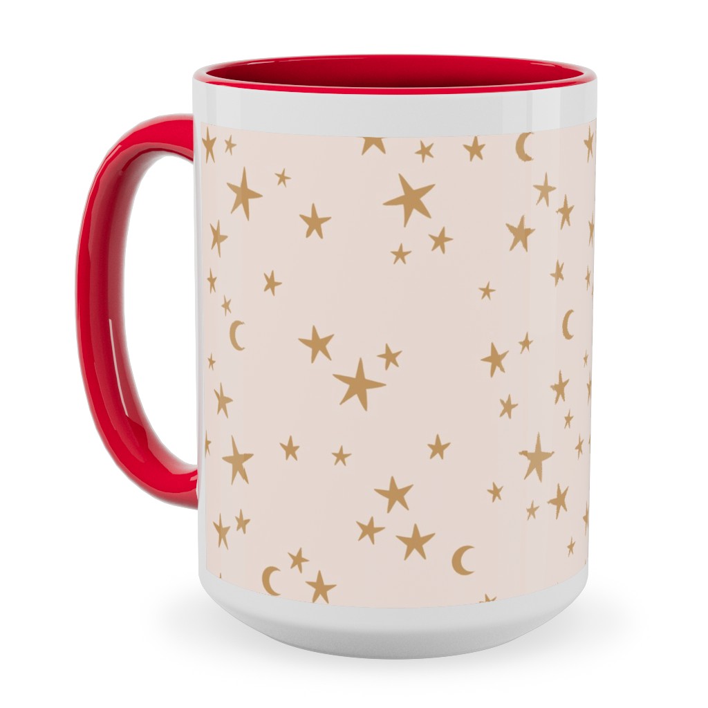 Stars & Moon - Starry Night Universe - Beige and Brown Ceramic Mug, Red, , 15oz, Pink, Bright Pink