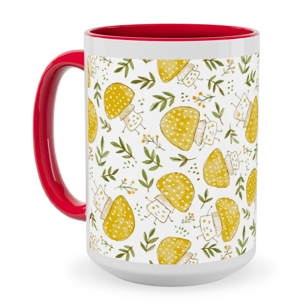 the Happiest Little Mushrooms - Yellow Ceramic Mug, Red,  , 15oz, Yellow