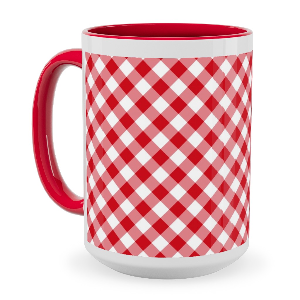Diagonal Gingham - Red and White Ceramic Mug, Red, , 15oz, Red, Red