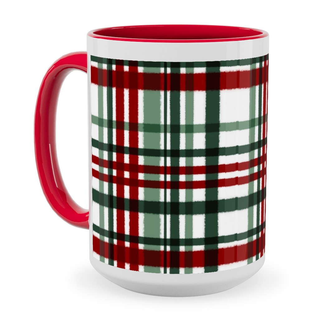Intricate Plaid Ceramic Mug, Red, , 15oz, Green, Brown
