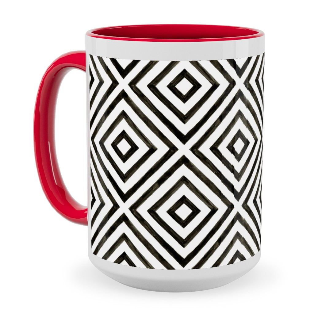 Diamond Pattern - Black and White Ceramic Mug, Red,  , 15oz, Black