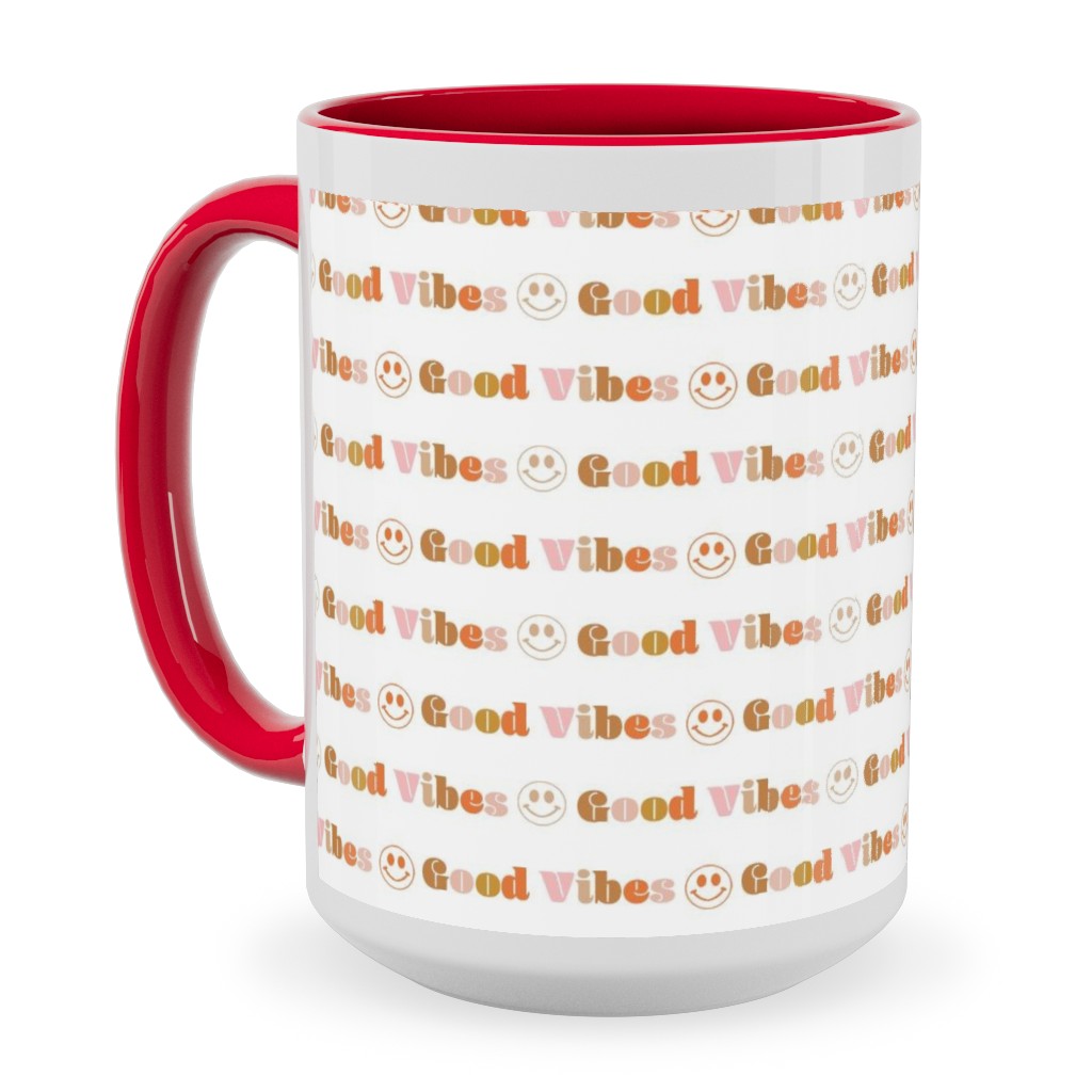 Good Vibes - Retro 70s Smiley Face - Earthy Ceramic Mug, Red,  , 15oz, Orange