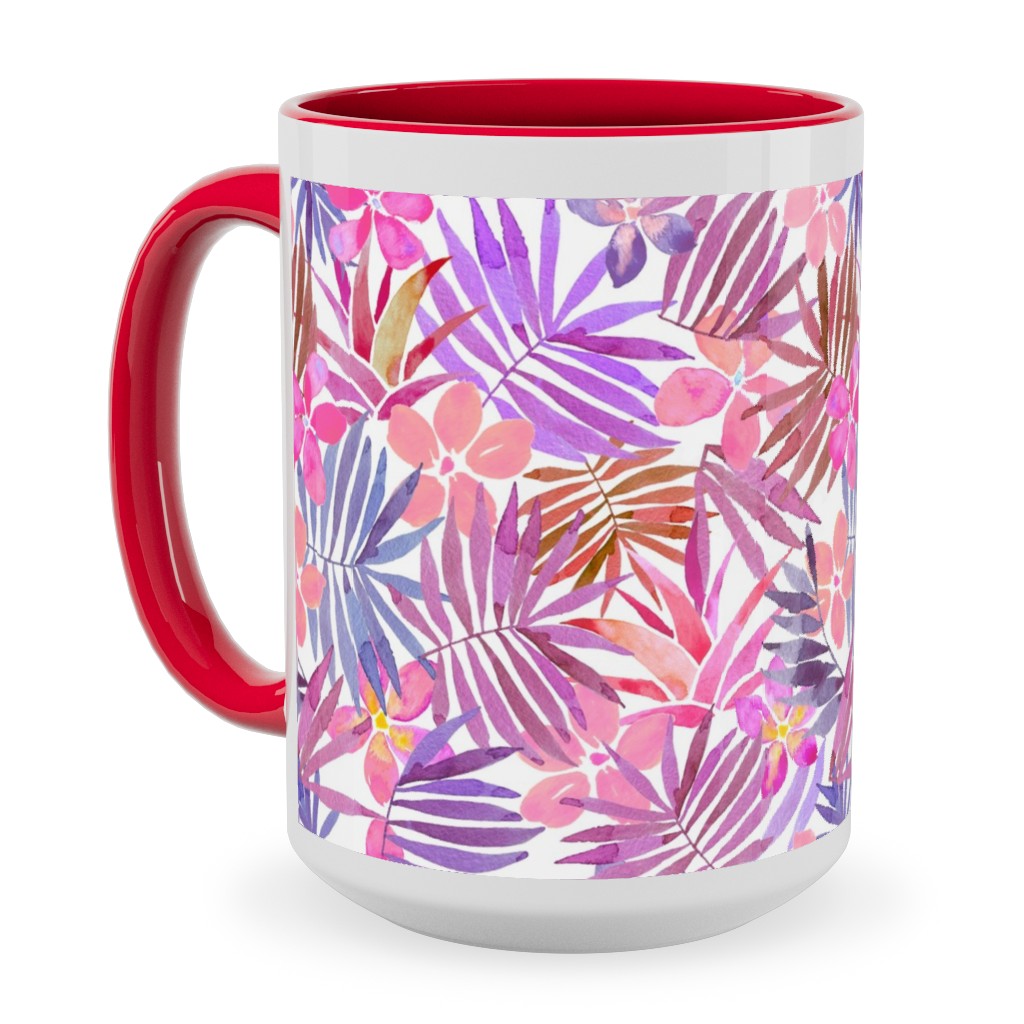 Watercolor Tropical Vibes - Pink Ceramic Mug, Red, , 15oz, Pink, Bright Pink