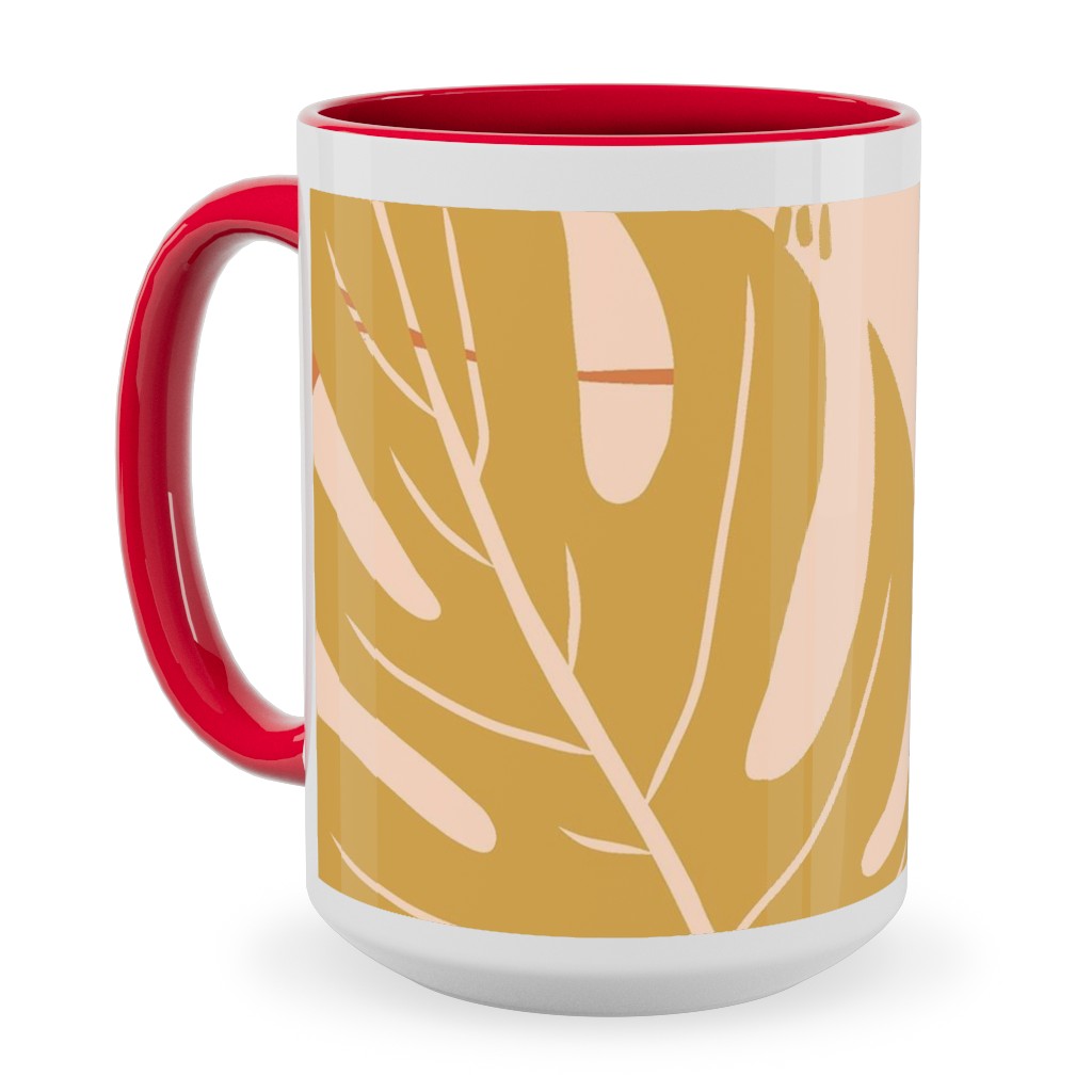 Paradiso - Tropical Palm Fronds - Golden Blush Ceramic Mug, Red, , 15oz, Pink, Bright Pink