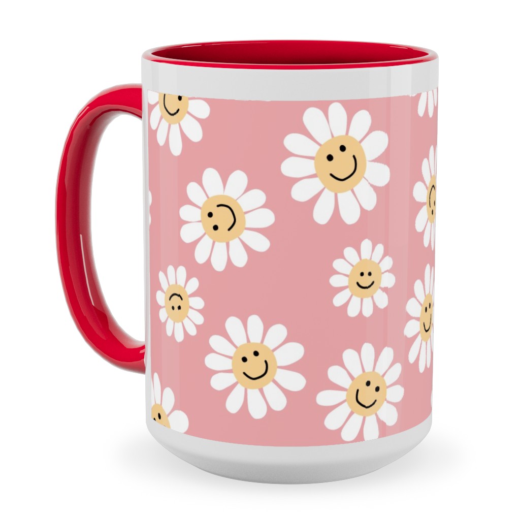 Smiley Daisy Flowers - Pink Ceramic Mug, Red,  , 15oz, Pink