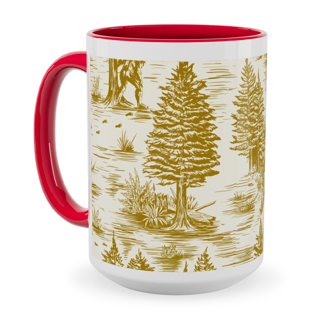 Bigfoot Sasquatch Toile De Jouy Ceramic Mug, Red, , 15oz, Yellow, Mustard