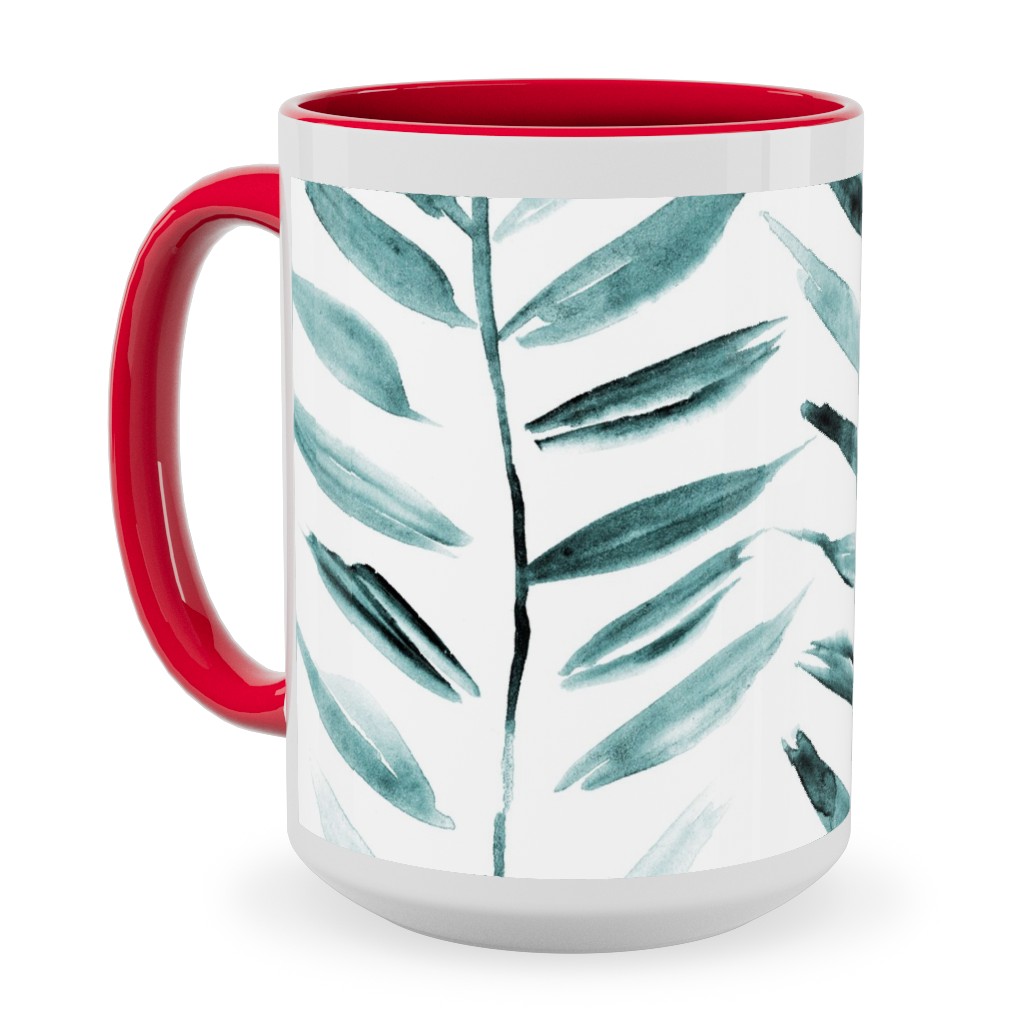 Leaves Herringbone - Watercolor Nature - Emerald Ceramic Mug, Red, , 15oz, Green, Classic Green