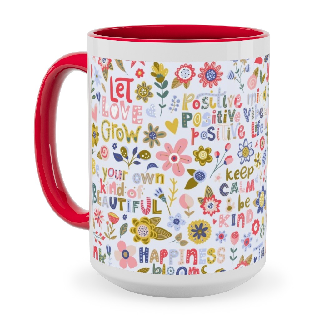 Positive Vibes - Motivational Sayings Floral - Multi Ceramic Mug, Red, , 15oz, Multicolor
