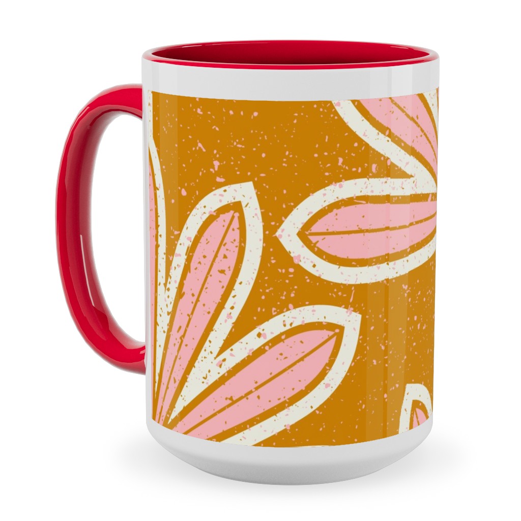 Mid Century Palm Leaf Ceramic Mug, Red,  , 15oz, Pink