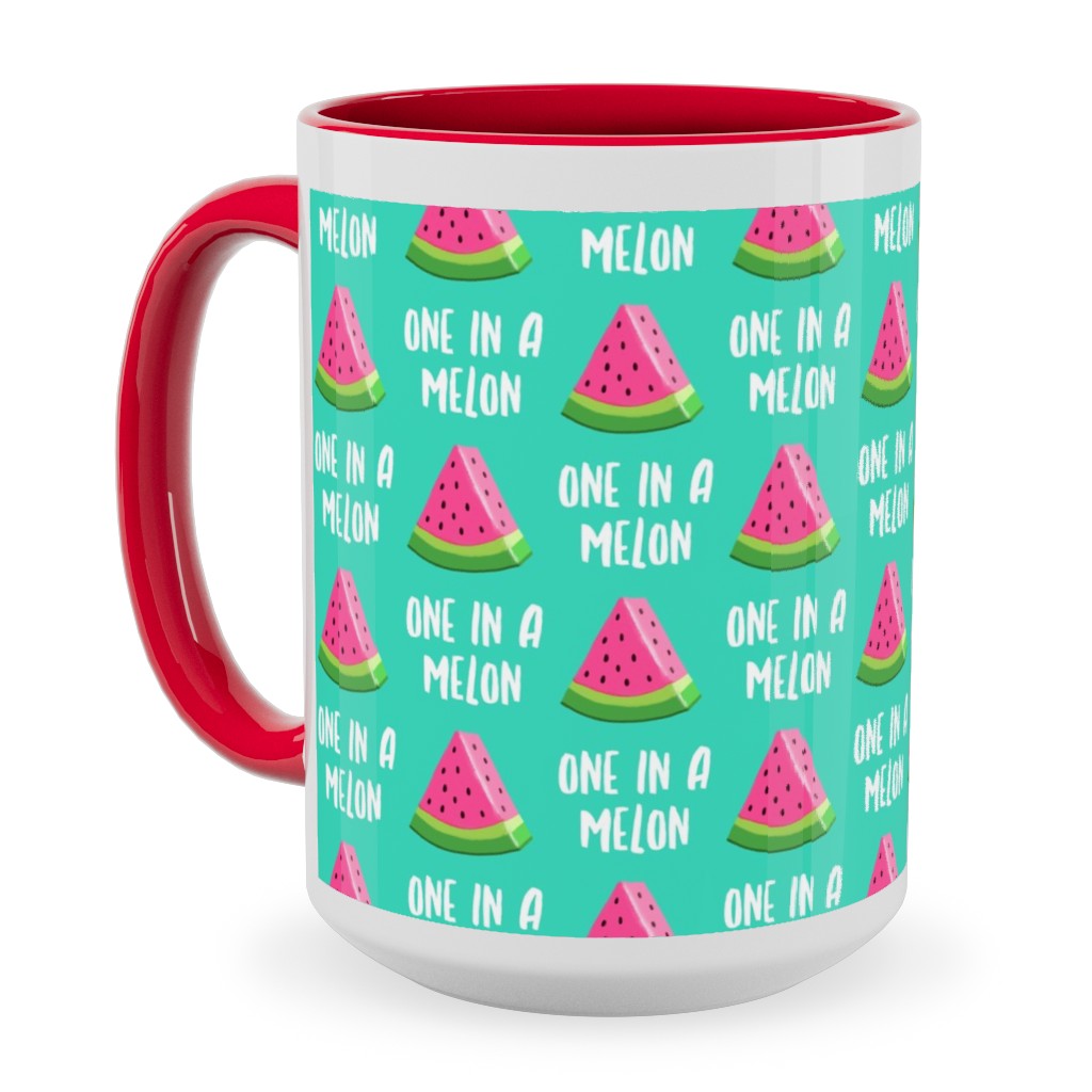 One in a Melon - Watermelon - Pink on Teal Ceramic Mug, Red,  , 15oz, Green