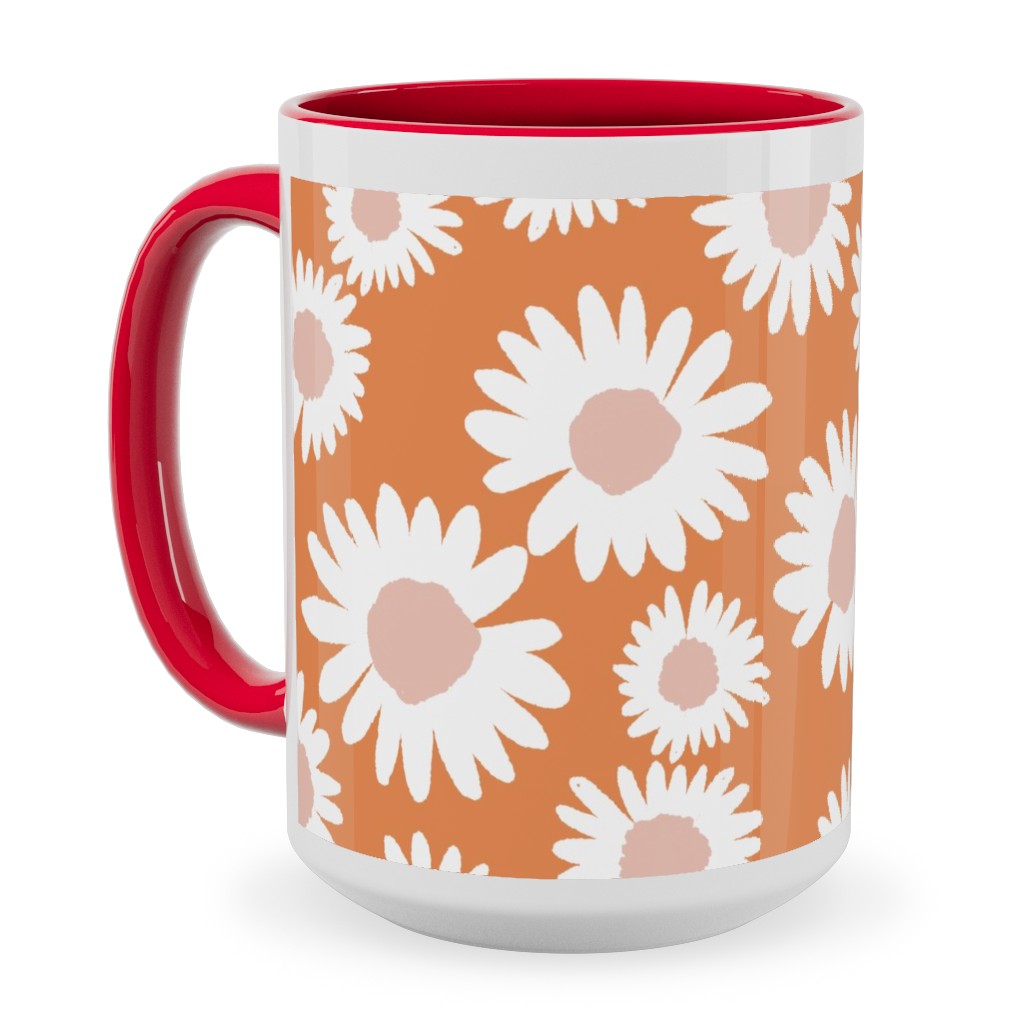 Boho Daisies - Flowers - Muted Orange and Blush Ceramic Mug, Red,  , 15oz, Orange
