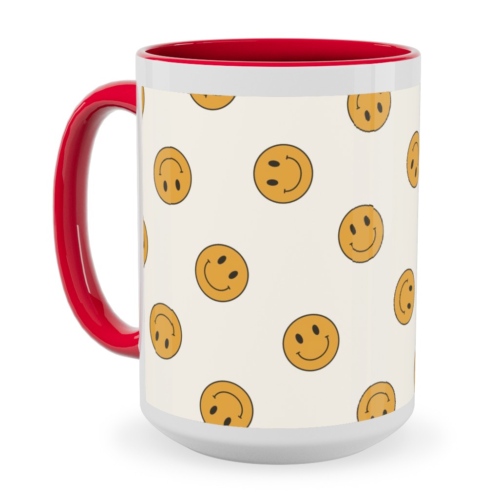 Retro Smiley Face - Cream and Yellow Ceramic Mug, Red,  , 15oz, Yellow
