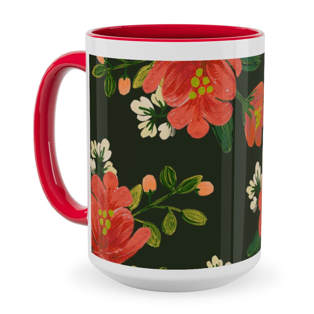 Holiday Floral Ceramic Mug, Red, , 15oz, Green, Classic Green