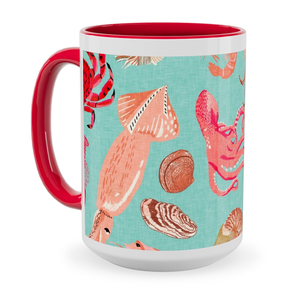 Ocean Creatures - Red on Green Ceramic Mug, Red, , 15oz, Red, Red