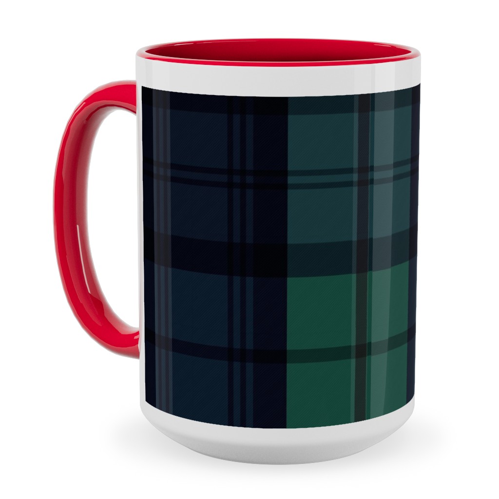 Dark Green Plaid Ceramic Mug, Red, , 15oz, Green, Classic Green