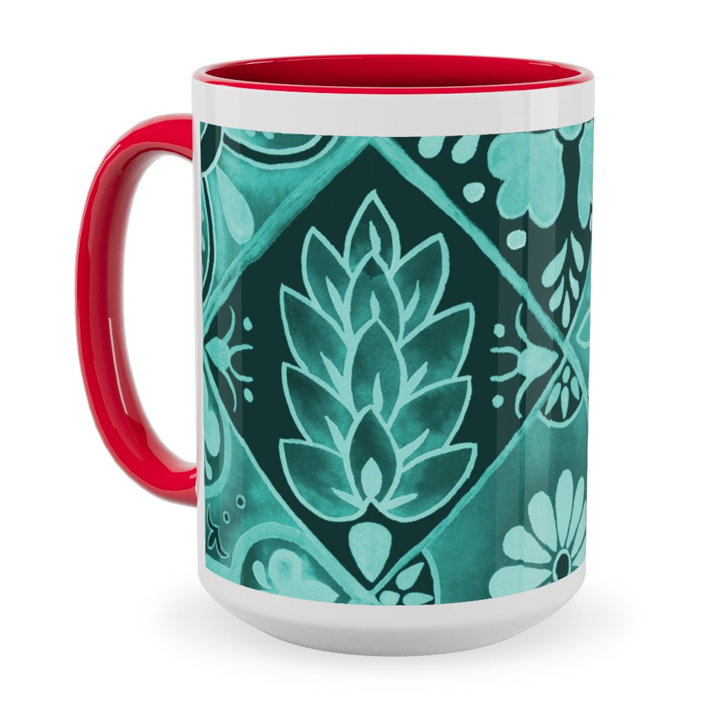 Watercolor Talavera Tiles Ceramic Mug, Red, , 15oz, Green, Classic Green