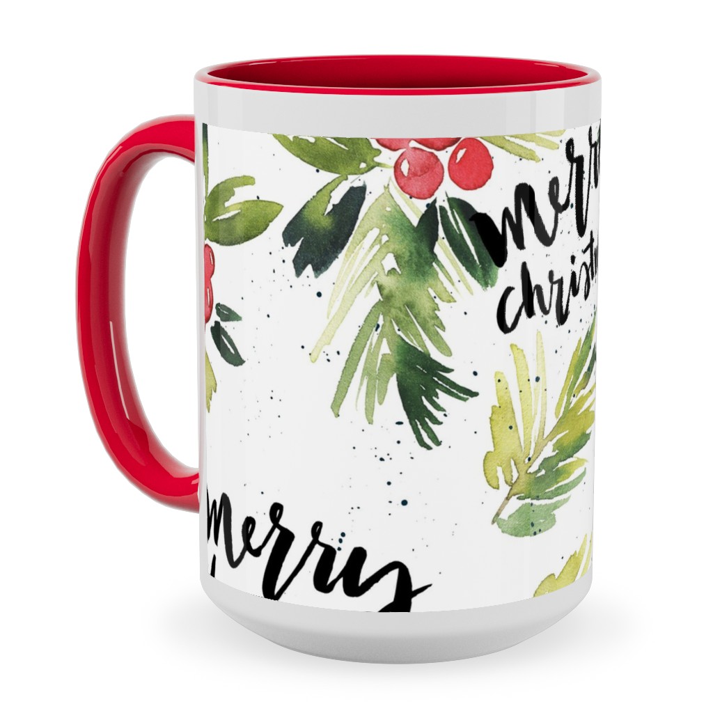 Merry Christmas Red Berry Holly Ceramic Mug, Red, , 15oz, White, White