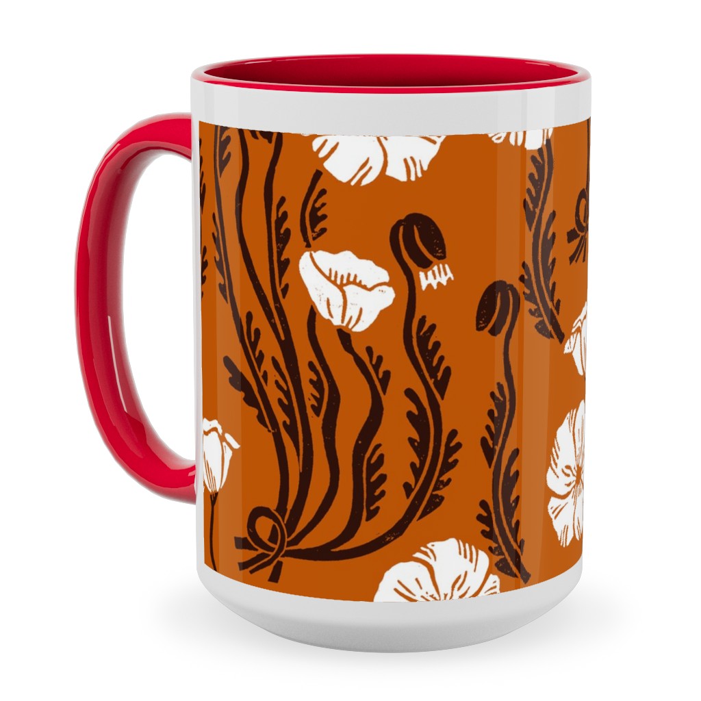 Poppy, Fall Harvest Block Printed Vintage Florals Ceramic Mug, Red,  , 15oz, Orange