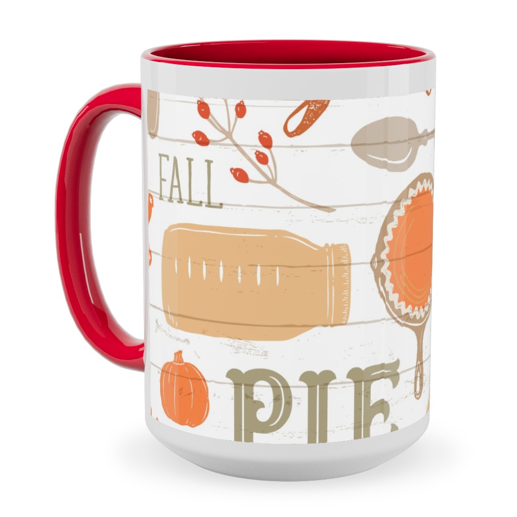 Gather Round & Give Thanks - a Fall Festival of Food, Fun, Family, Friends, and Pie! Ceramic Mug, Red,  , 15oz, Orange