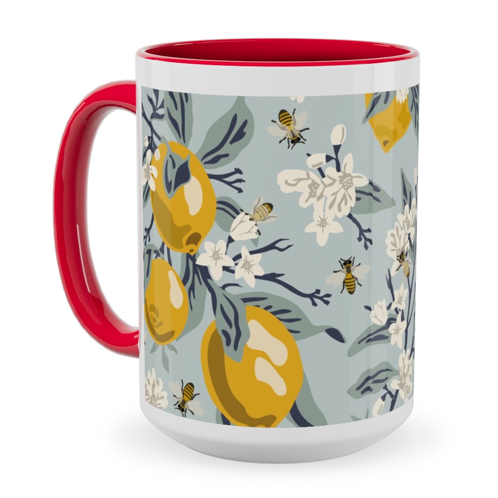 Bees, Blossoms & Lemons - Blue Ceramic Mug, Red, , 15oz, Blue, True Blue