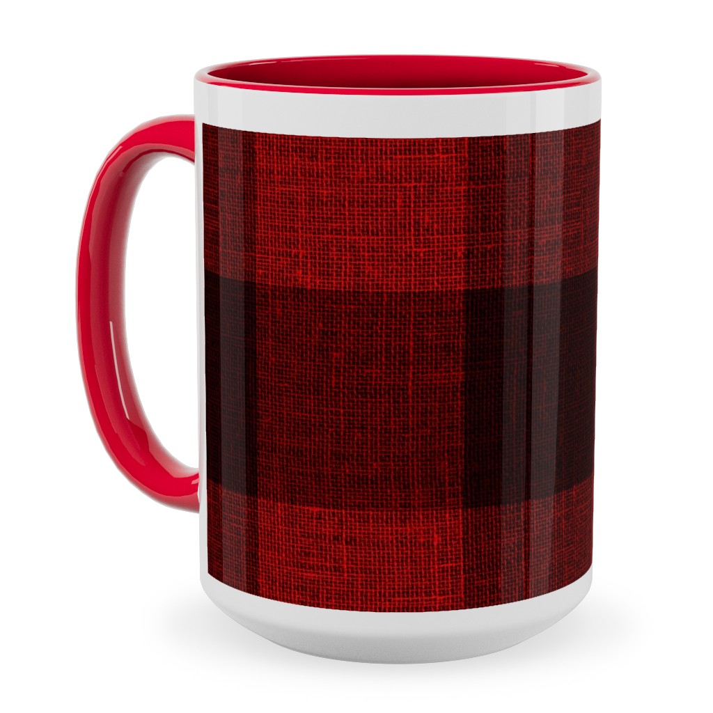 Linen Look Gingham Lumberjack - Red, Black Ceramic Mug, Red,  , 15oz, Red