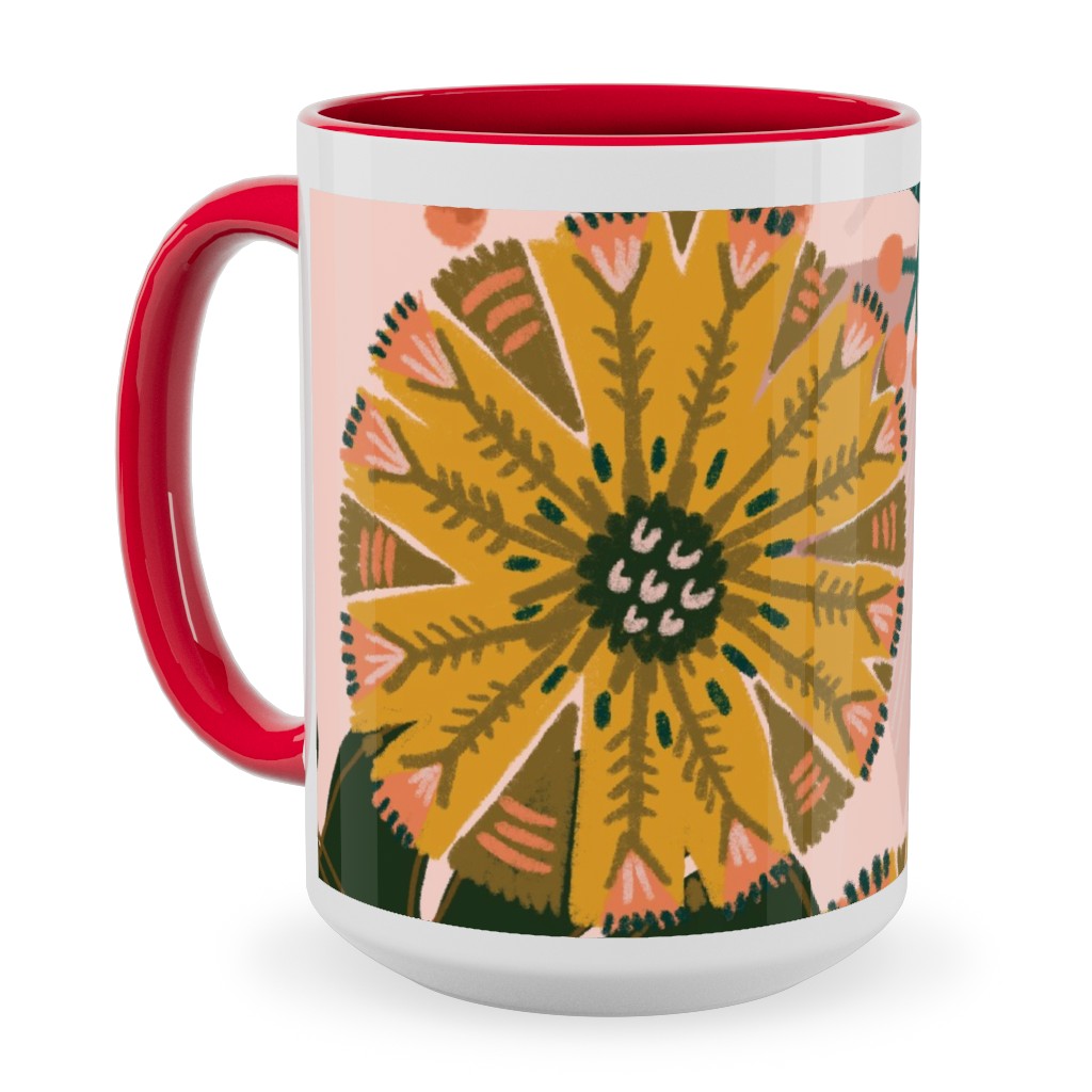 Boho Tropical - Floral - Pink Ceramic Mug, Red, , 15oz, Multicolor