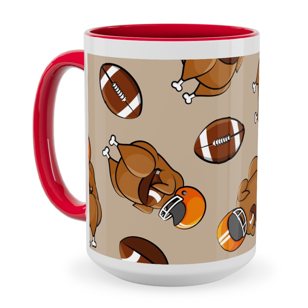 Football Turkey With Helmet and Football - Orange on Tan Ceramic Mug, Red,  , 15oz, Beige