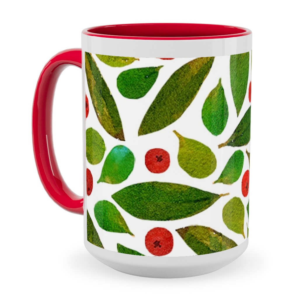 Holiday Greens and Berries Ceramic Mug, Red, , 15oz, Green, Classic Green