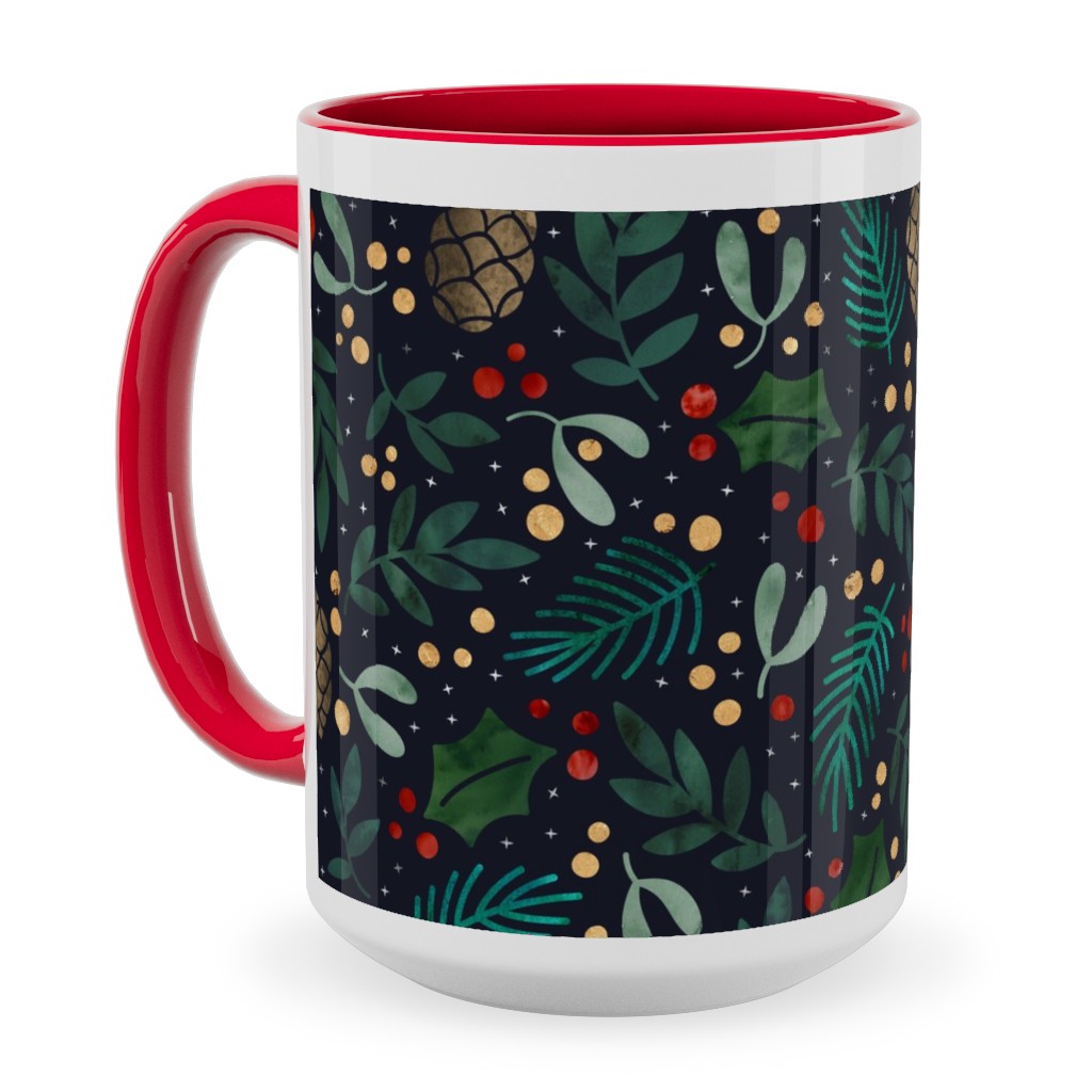Christmas Florals - Dark Green Ceramic Mug, Red, , 15oz, Green, Classic Green
