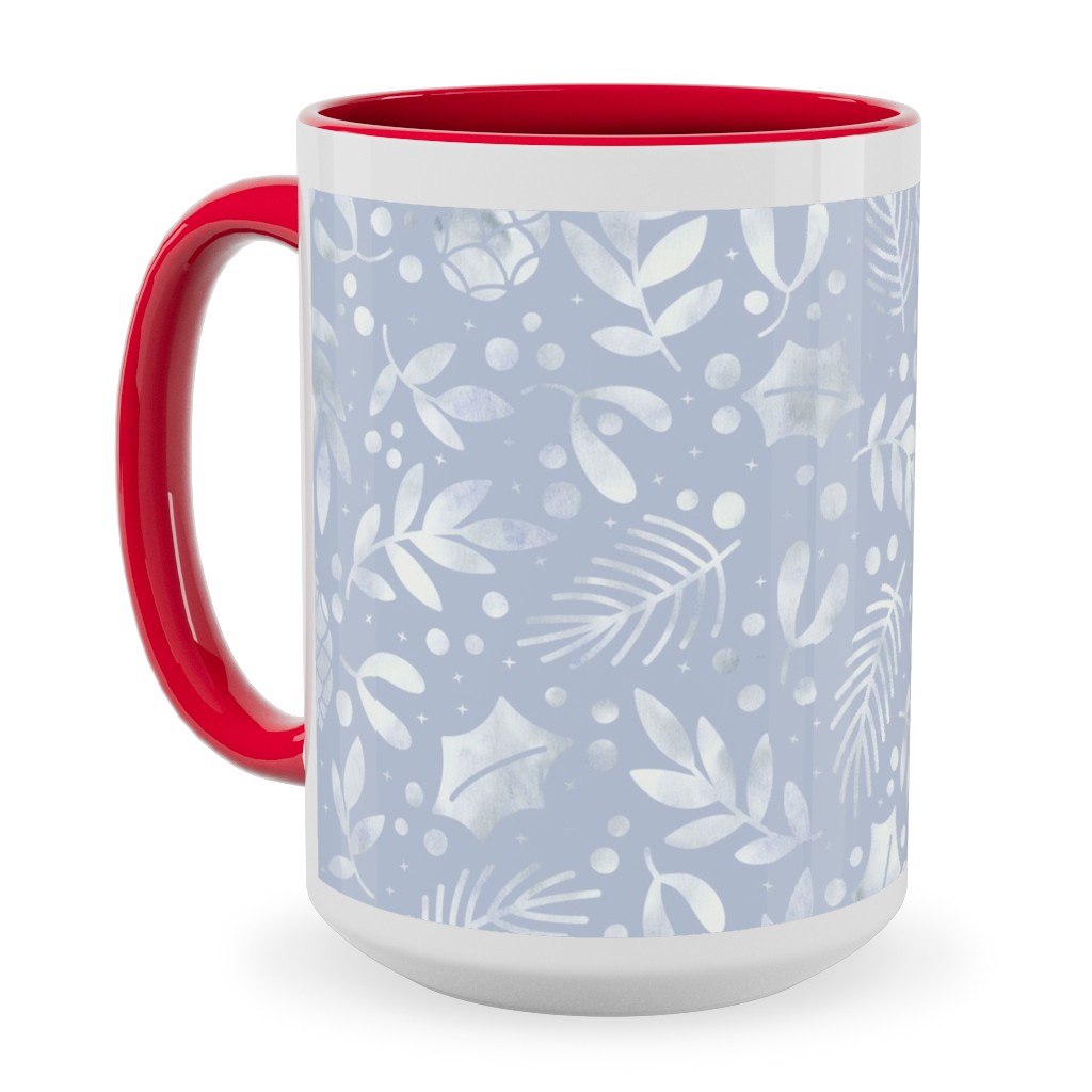 Frozen Winter Florals - Silver Ceramic Mug, Red, , 15oz, Blue, True Blue