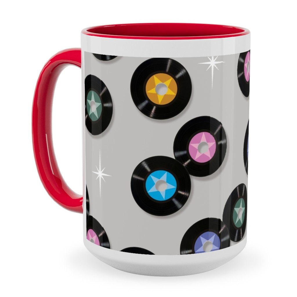 Pop Star Vintage Vinyl Records Ceramic Mug, Red,  , 15oz, Gray