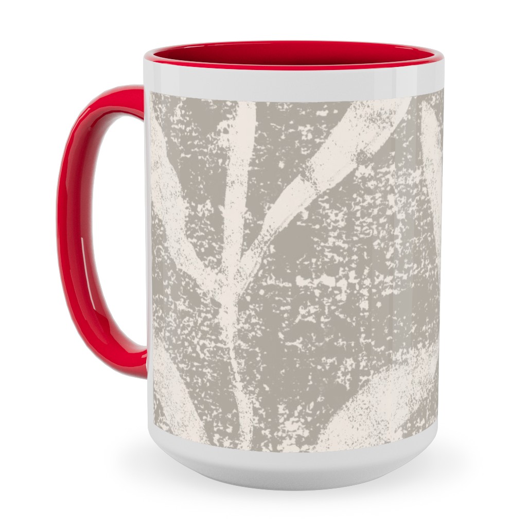 Grass Cloth With Leaves - Gray and Cream Ceramic Mug, Red, , 15oz, Beige, Pearl