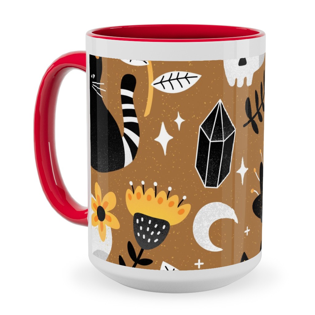 Black Cat & Floral Skull Ceramic Mug, Red, , 15oz, Brown, Brown