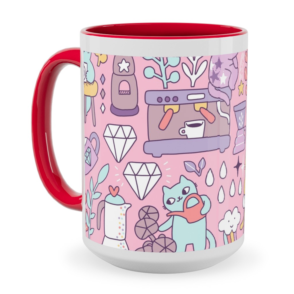Cute Cats - Multicolor Pastel Ceramic Mug, Red, , 15oz, Pink, Bright Pink
