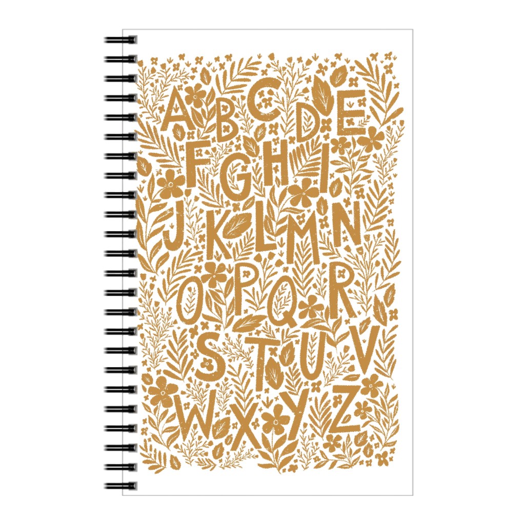 Floral Alphabet - Textured Yellow Block Print Notebook, 5x8, Orange