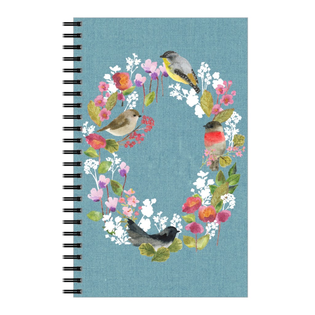 Winter Birds in the Garden Wreath - Blue Notebook, 5x8, Blue