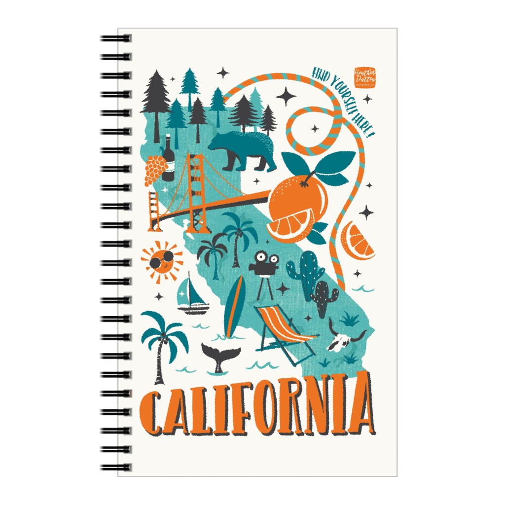 California Map Tea Towel - Retro Illustrated Travel Map Notebook, 5x8, Multicolor