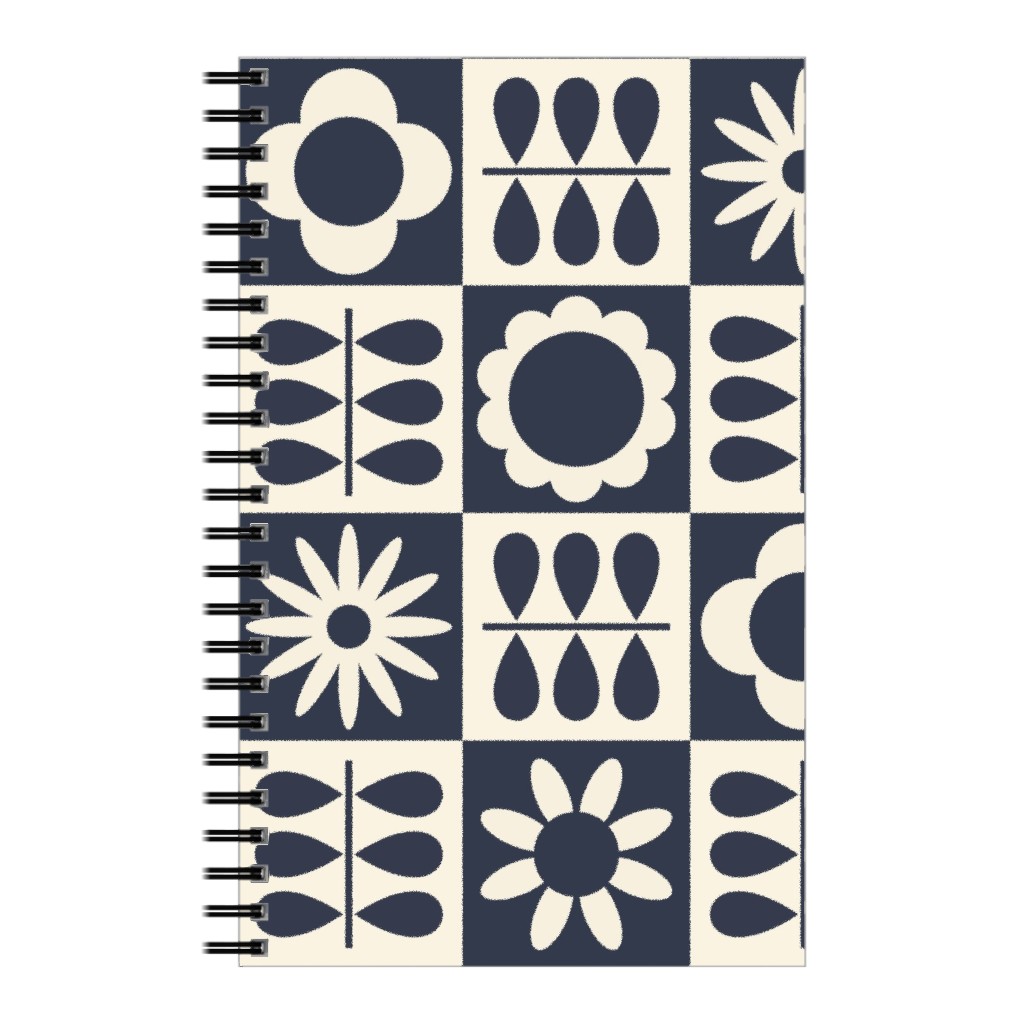Scandinavian Checker Blooms - Off White and Navy Notebook, 5x8, Black, Black